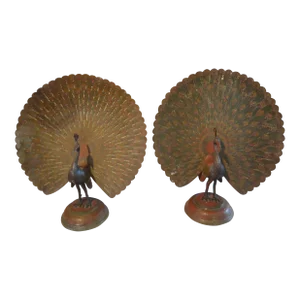 Pair of Antique Anglo-Indian Etched and Polychrome Brass Peacock Figures