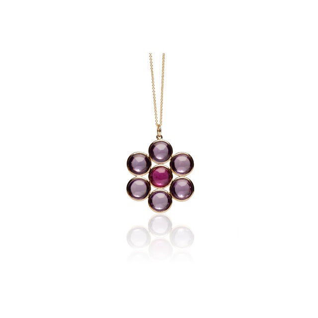 Mischief' 10mm Disc Amethyst-Rubelite Flower Pendant in 18KY with Chain Approx. Wt- AM 17.02cts RB 3.528cts. Chain length...