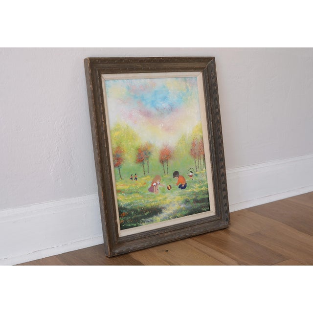 Charming and colorful vintage enamel on copper painting by French artist Rene Bernard (1906-2004) depicting young children...