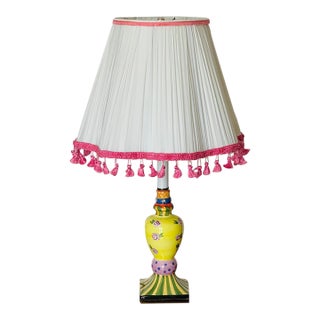 1970s Shabby Chic McKenzie and Childs Handpainted Lamp With Pleated Shade For Sale