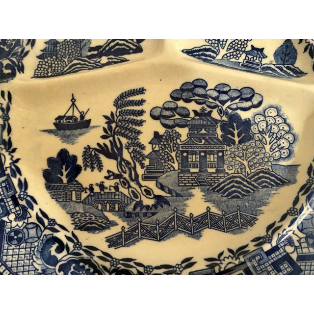 1950s Vintage Japanese Blue Willow Transferware Divided Dish Restaurant Plates - A Pair For Sale - Image 5 of 6