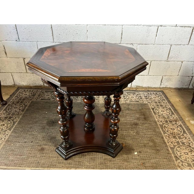 Wood Antique Victorian Venetian Renaissance Style Burled Wood Octagonal Parlor Table Center Table For Sale - Image 7 of 15