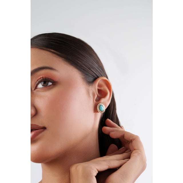 Not Yet Made - Made To Order Vintage-Style 2.42ct Turquoise Cabochon Diamond Stud Earrings in 14k Yellow Gold- A Pair For Sale - Image 5 of 15