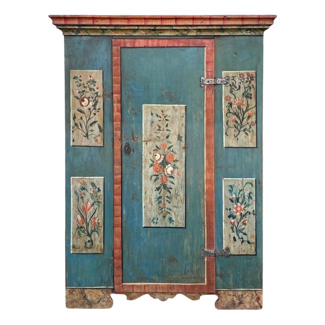 Alpine Blue Floral Painted Cupboard For Sale