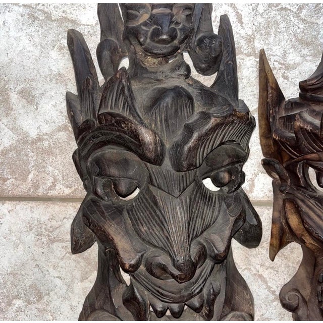 Vintage or Antique Hand-Carved Asian Wooden Guardian or Demon Masks, Often Featuring Stacked or Multi-Tiered Faces With Fierce For Sale - Image 14 of 14