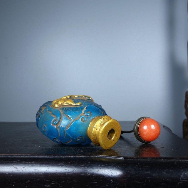Blue Antique Gilt Blue Glass Snuff Bottle With Bat Motif - Asian Collectible For Sale - Image 8 of 9