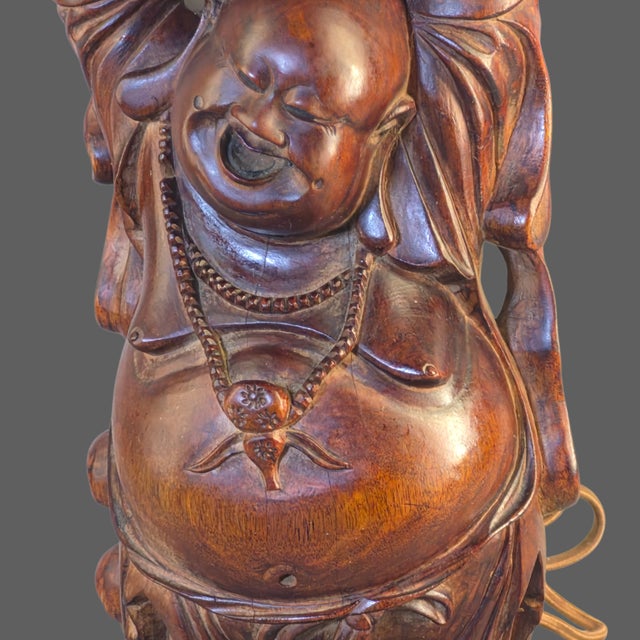 Antique Hand Carved Hardwood Hotei Happy Joyous Buddha Arms Raised Holding a Lotus Flower Table Lamp For Sale - Image 4 of 16