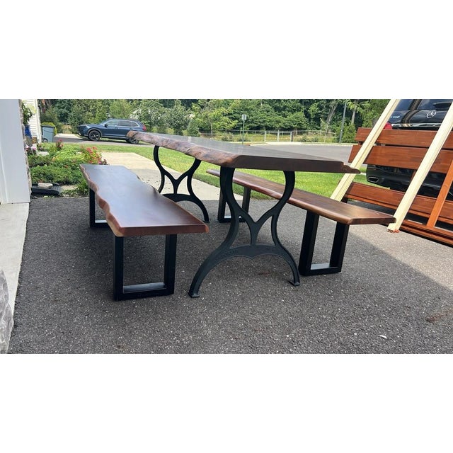Metal Live-Edge Dining Table + 2 Benches For Sale - Image 7 of 7
