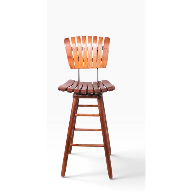 Wood Pair Mid Century Wood Slat Swivel Bar Height Stools by Arthur Umanoff For Sale - Image 7 of 12