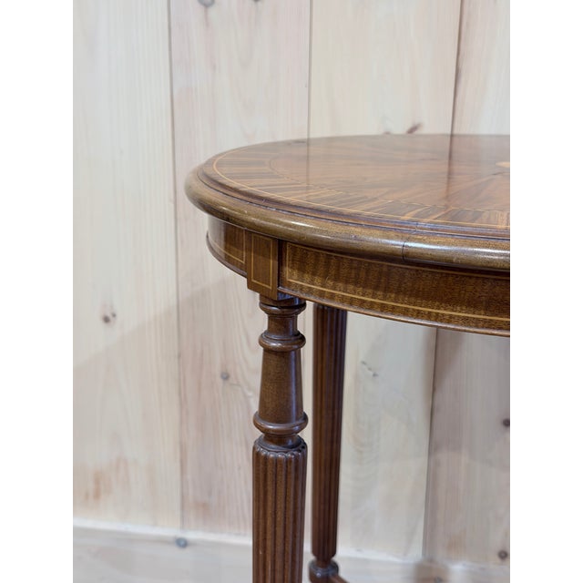 Vintage English Style Inlaid Mahogany Round Center Table With Radial Veneer For Sale - Image 4 of 8
