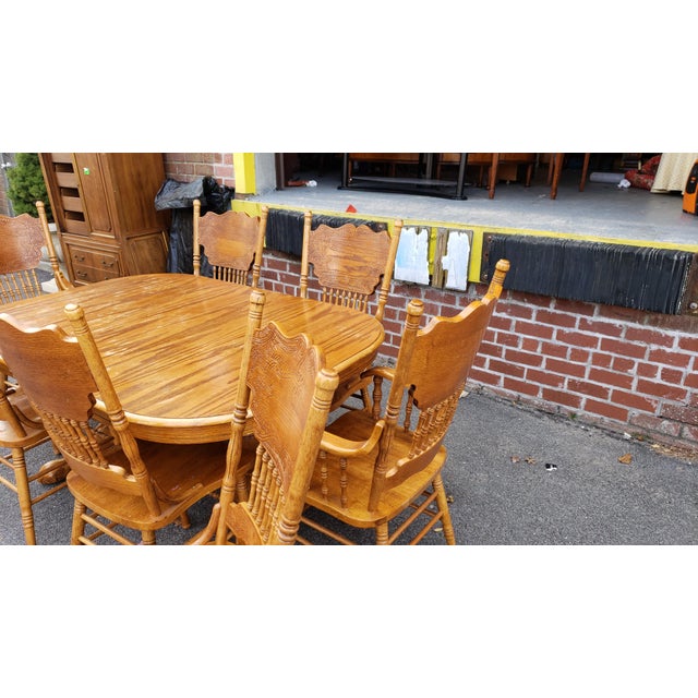 1990s Oak Trestle Kitchen Table W 2 Leaves 8 Press Back Dining