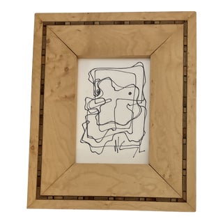1980’s Original Vintage Wayne Cunningham Small Abstract Ink Drawing Burled Wood Frame For Sale