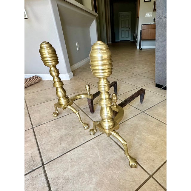 Pair Large Federal Beehive Ball Claw Brass Andirons For Sale - Image 17 of 18