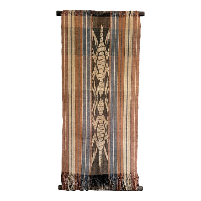 Rare Hand Woven Ikat Indonesian Black, Brown & Blue Fibre Textile Wall Art Panel / Hanging For Sale