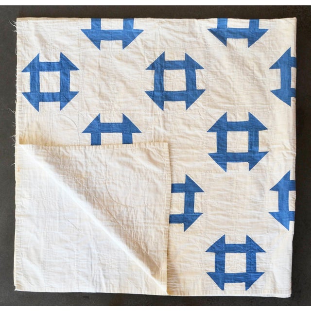 Early 20th C Hand-Quilted Blue and White Churn Dash Quilt For Sale - Image 6 of 9