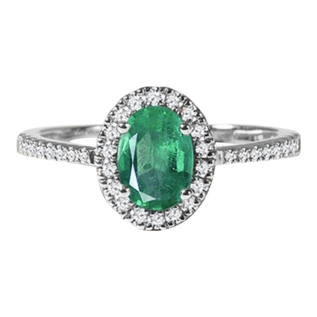 6x8mm Oval Cut Natural Emerald & 1 Ct Natural Diamond Halo Engagement Ring Size6 For Sale