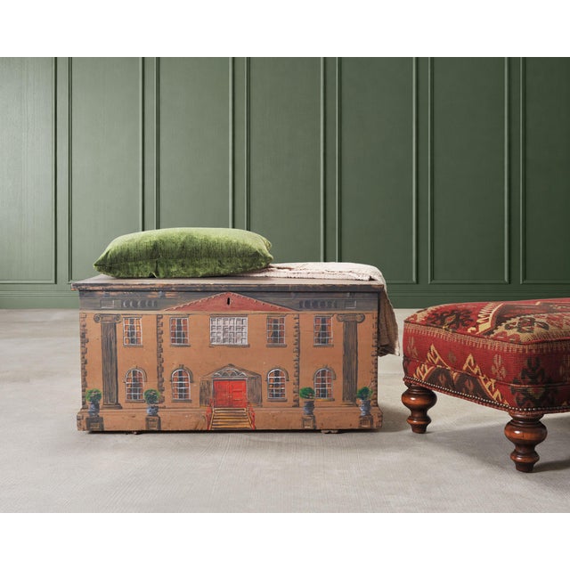A charming English country folk art painted pine trunk or blanket chest, hand-decorated with an architectural façade...