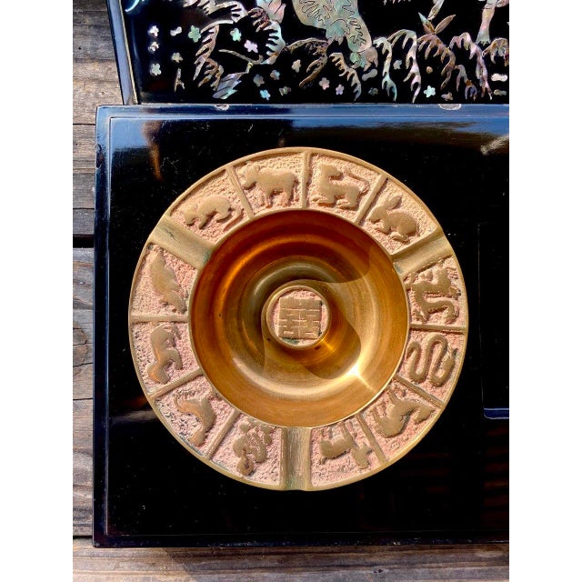 Tiger Smoking Box & Ashtray Set Circa 1950 Korean Black Lacquer Mother-of-Pearl For Sale - Image 10 of 18