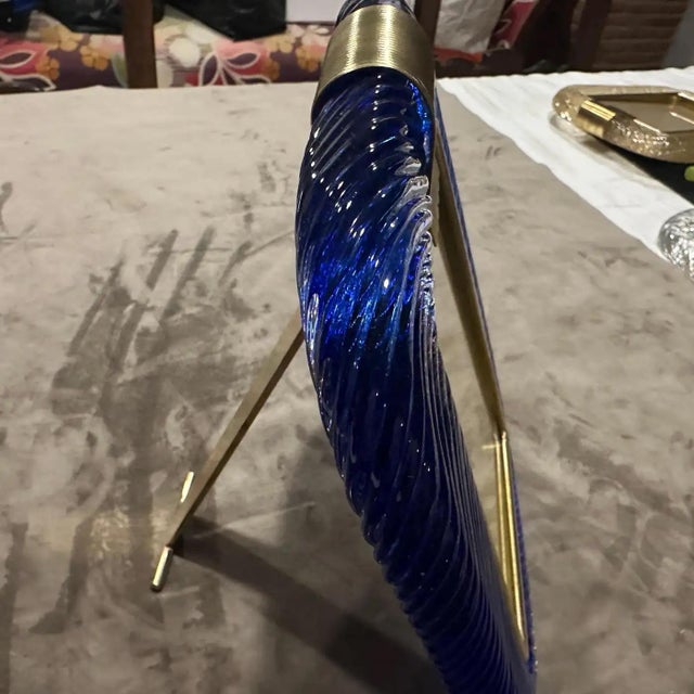 Glass 1990s Barovier Style Art Deco Blue Murano Glass and Brass Picture Frame For Sale - Image 7 of 10