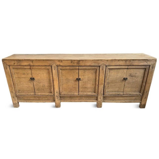 Vintage large solid natural raw elm wood modern farmhouse style sideboard. Six doors with iron ring pulls which open up to...