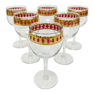 Vintage 1950s, Culver, Mid Century Hollywood Regency Stemware Footed Wine Glass With Gold Band, Set 6 Pieces For Sale