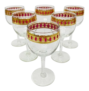 Vintage 1950s, Culver, Mid Century Hollywood Regency Stemware Footed Wine Glass With Gold Band, Set 6 Pieces