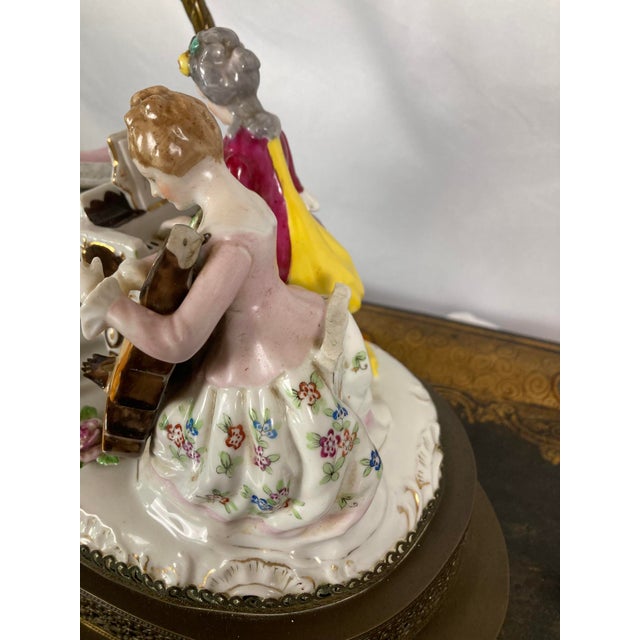 Teal Vintage Musical Continental Porcelain Figurine Group Lamp Dresden Style For Sale - Image 8 of 17