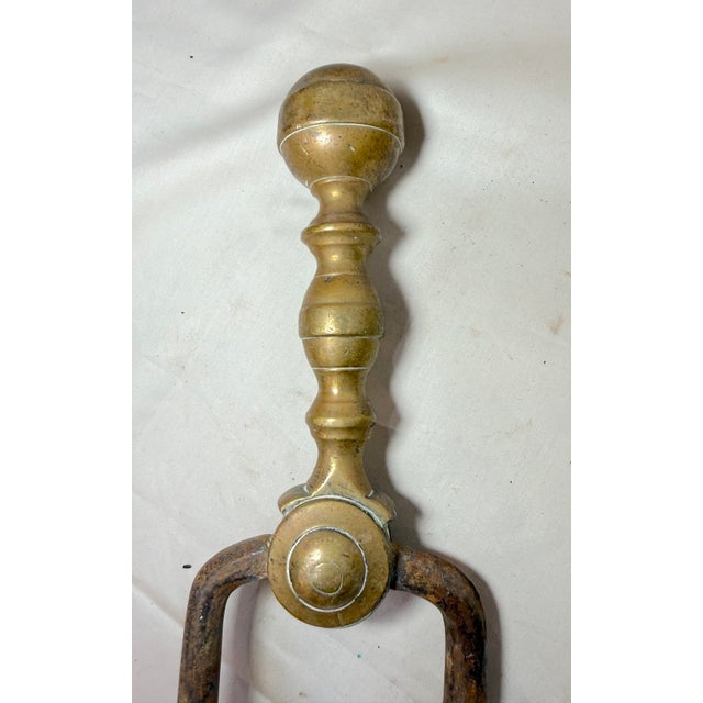 English Antique 18th Century Wrought Iron Turned Brass English Fireplace Tongs Tool 20 For Sale - Image 3 of 9