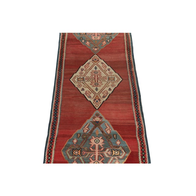 Textile Antique Bidjar Kilim in Red With Blue and Beige Tribal Medallions, Pink Accents For Sale - Image 7 of 8