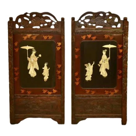 Antique Carved Wood Lacquered Japanese Geisha Screen Panels - a Pair ...