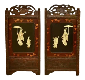 Antique Carved Wood Lacquered Japanese Geisha Screen Panels - a Pair