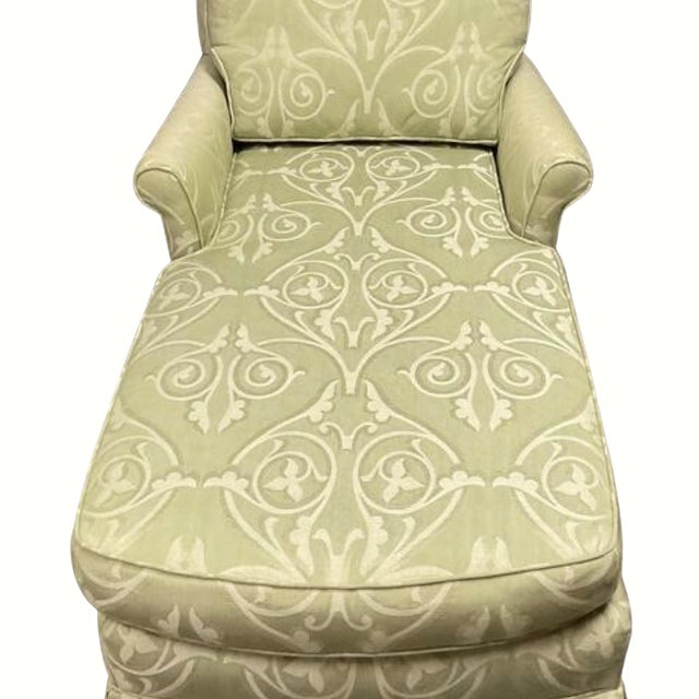 Hollywood Regency Custom Celadon Green Damask Upholstered Reading Chaise Lounge With Rolled Arms For Sale - Image 3 of 7