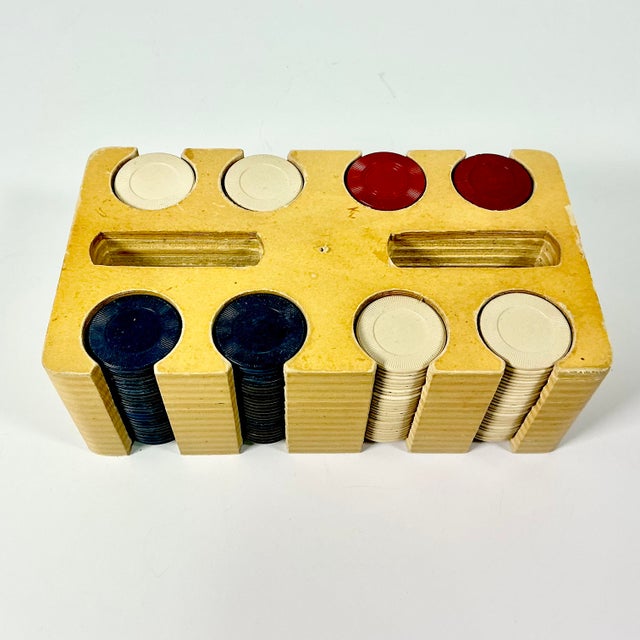 Tan 1950s Vintage Boho Chic Americana Poker Chips and Wood Caddy For Sale - Image 8 of 10
