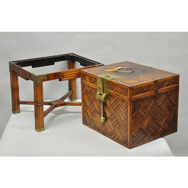 Late 20th Century Furniture Classics LTD Chinese Teak & Bamboo Campaign Chest Side Table on Stand For Sale - Image 18 of 18