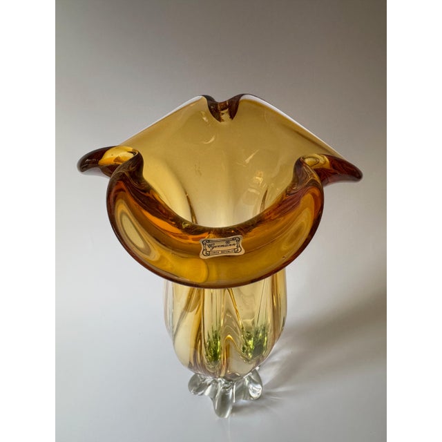 Bohemian Sculptural Amber Art Glass Vase with Folded Rim and Green Base from Egermann, Former Czechoslovakia, 1980s For Sale - Image 13 of 16
