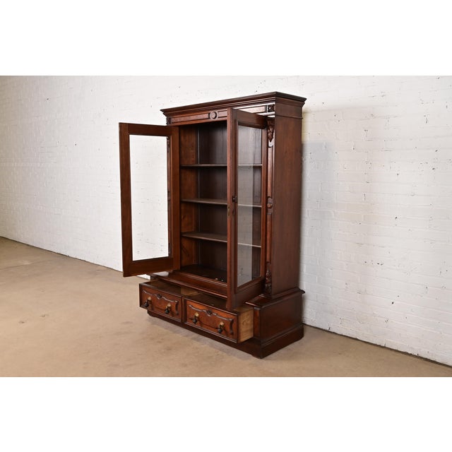 Herter Brothers Style Antique Eastlake Victorian Carved Walnut and Burl Wood Bookcase, Circa 1880s For Sale In South Bend - Image 6 of 14