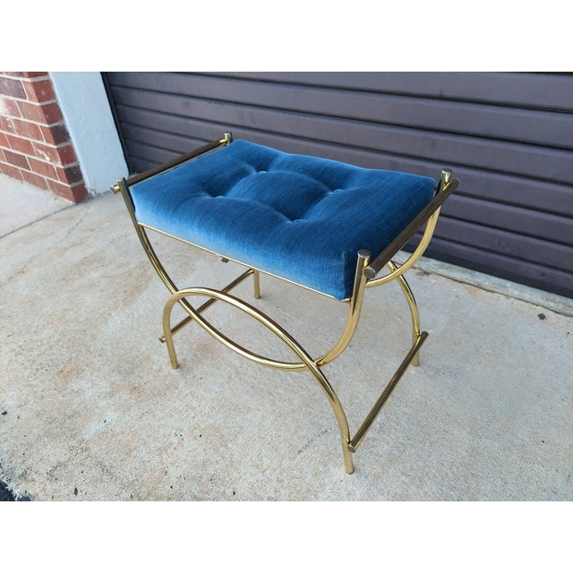 Mid-Century Modern 1960s Vintage Mid Century Blue Tufted/ Gold Metal Frame Vanity Bench by Kock Original Style For Sale - Image 3 of 10
