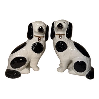 1980s Andrea by Sadek Staffordshire Style Black & White Porcelain Spaniel Dogs - Pair For Sale