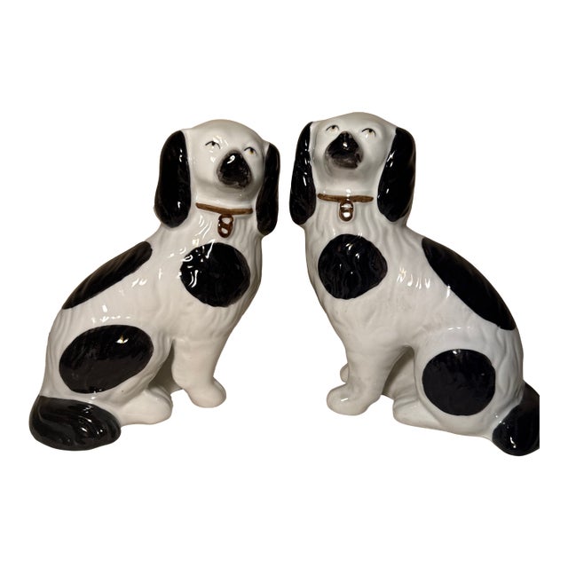 1980s Andrea by Sadek Staffordshire Style Black & White Porcelain Spaniel Dogs - Pair For Sale