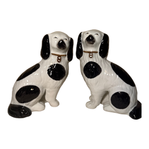 1980s Andrea by Sadek Staffordshire Style Black & White Porcelain Spaniel Dogs - Pair