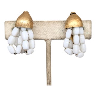 Vintage 1960s Signed Napier Goldtone Looped White Bead Drop Clip Earrings-2 Pieces For Sale