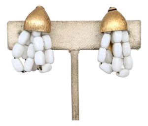 Vintage 1960s Signed Napier Goldtone Looped White Bead Drop Clip Earrings-2 Pieces