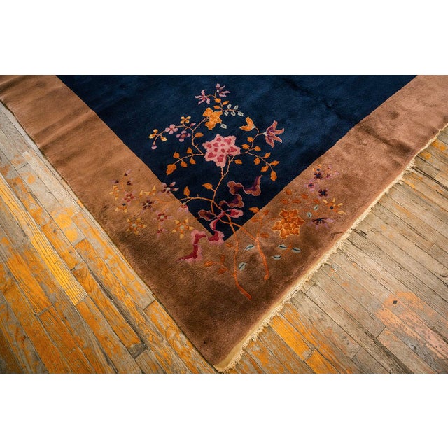 Navy Blue 1920s Navy Open Field Floral Modern Knotted Wool Antique Chinese Art Deco Rug For Sale - Image 8 of 8