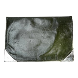 Stately Green Moroccan Leather Antique English Desk Blotter Folder Sterling Silver Luxury Office Decor For Sale