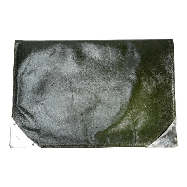 Stately Green Moroccan Leather Antique English Desk Blotter Folder Sterling Silver Luxury Office Decor For Sale