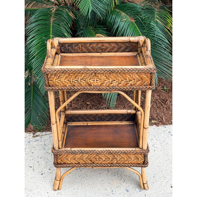Vintage Bamboo Wicker Rattan 2-Tier Table Stand Occasional Table For Sale - Image 9 of 12
