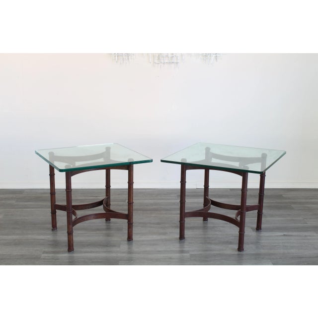 Pair of vintage faux bamboo iron coffee table with glass top this table are gold painted with black splatters Dimensions;...