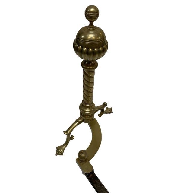 Brass Brass Belted Ball-Top and Spiral Turned Clawfoot Andirons - a Pair For Sale - Image 8 of 8
