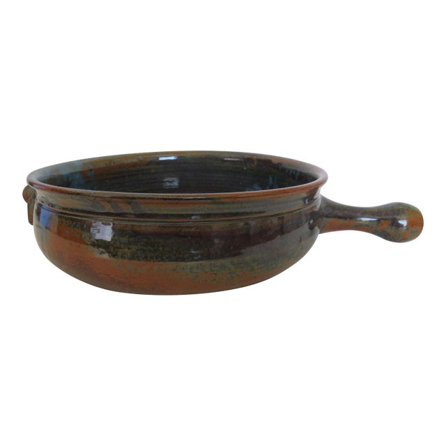 Late 20th Century Signed Vintage Hand-Made Glazed Pottery Bowl With Handle Rustic Colors For Sale