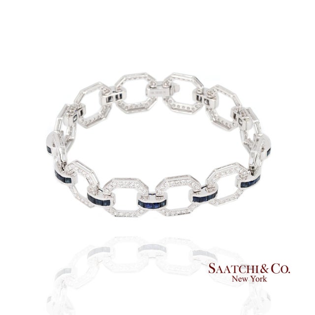 Metal 18k Sapphire Diamond Bracelet Womens White Gold 7.42in Milgrain Art Deco For Sale - Image 7 of 9